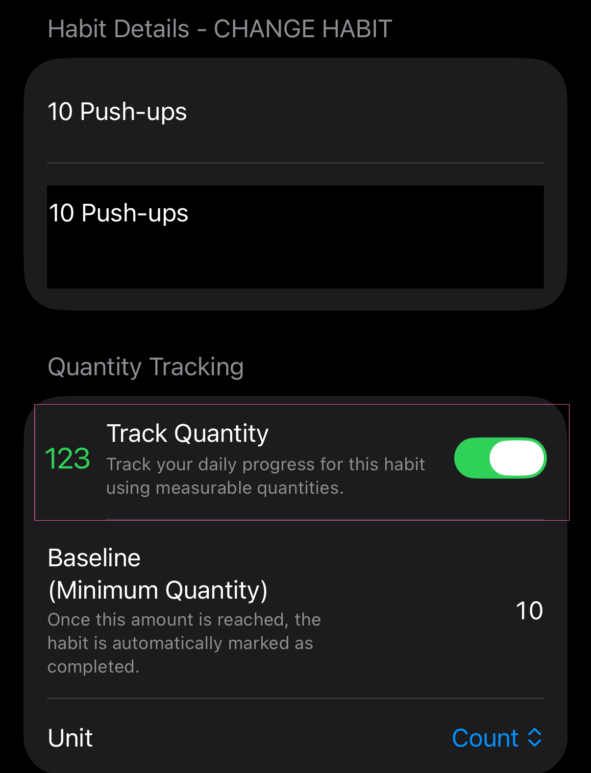 Mengaktifkan pencatatan jumlah dengan “Track Quantity”, Baseline, dan satuan di Ninety Days.