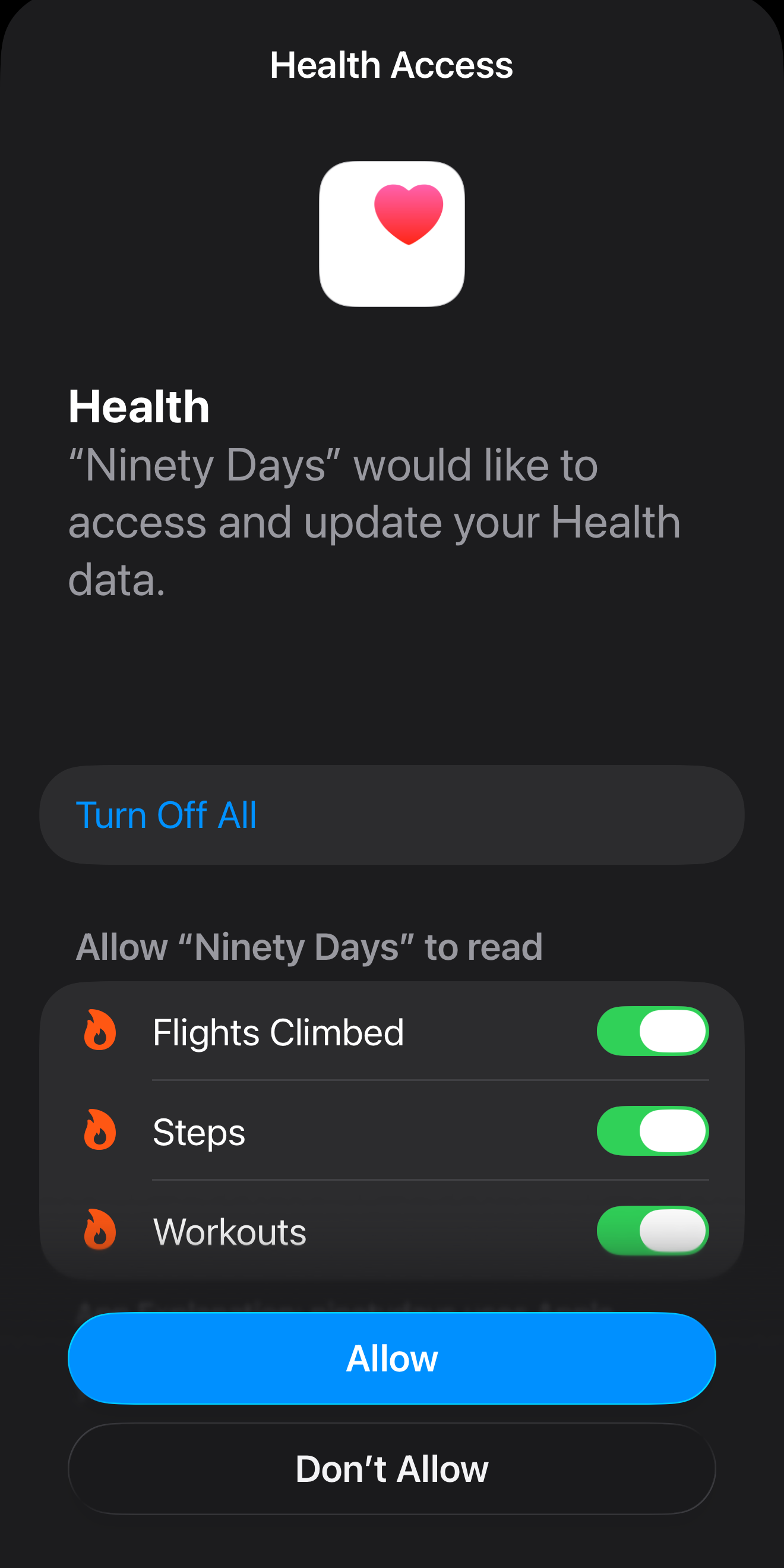 Grant read permissions for Apple Health.